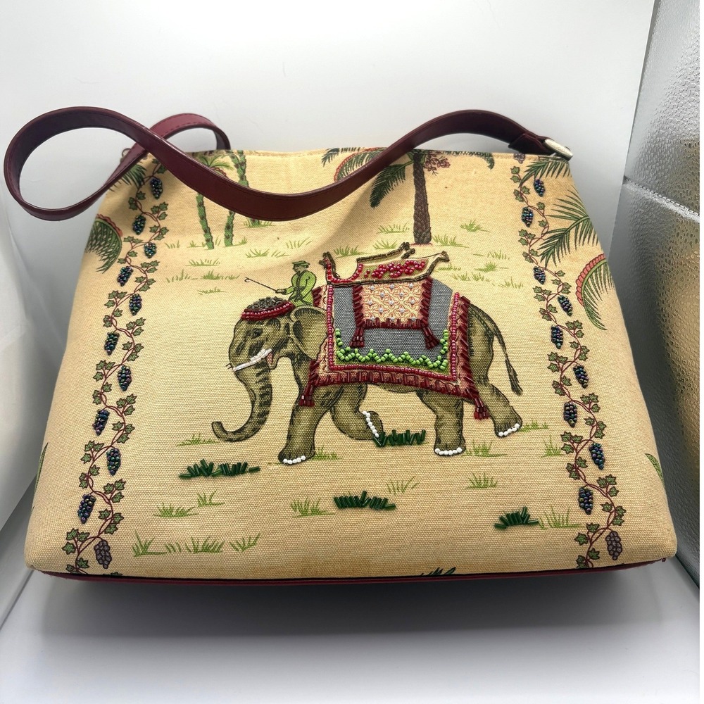 Marlo Tapestry Elephant Beaded Shoulder Bag Safari Palm Tree Canvas Tote Tan